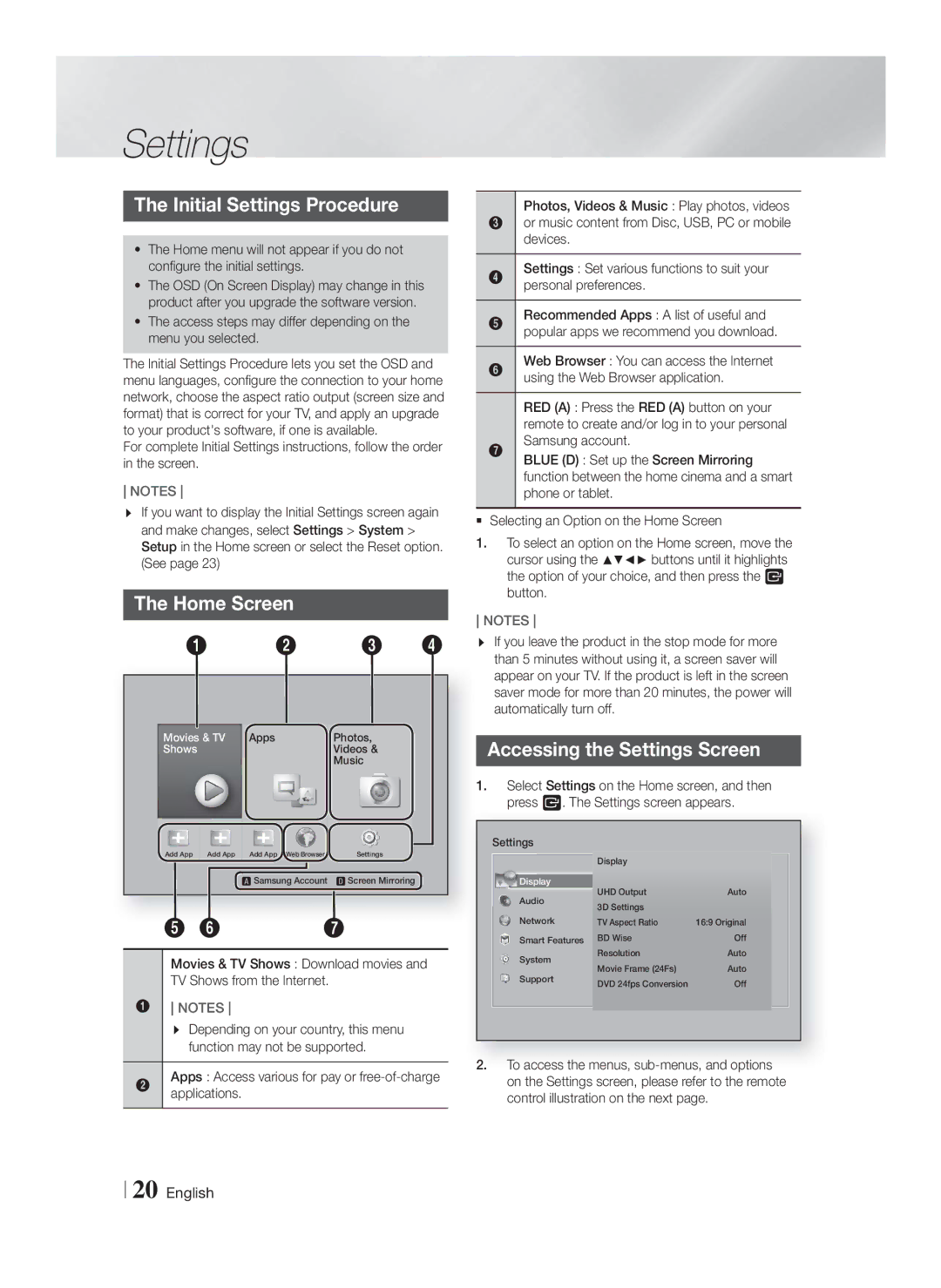 Samsung HT-F9750W/XN, HT-F9750W/TK, HT-F9750W/EN Initial Settings Procedure, Home Screen, Accessing the Settings Screen 