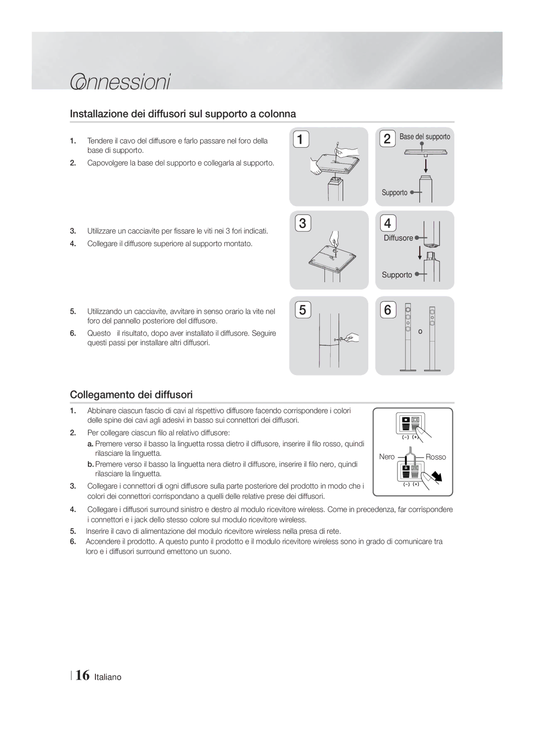 Samsung HT-F9750W/XN, HT-F9750W/TK manual Installazione dei diffusori sul supporto a colonna, Collegamento dei diffusori 