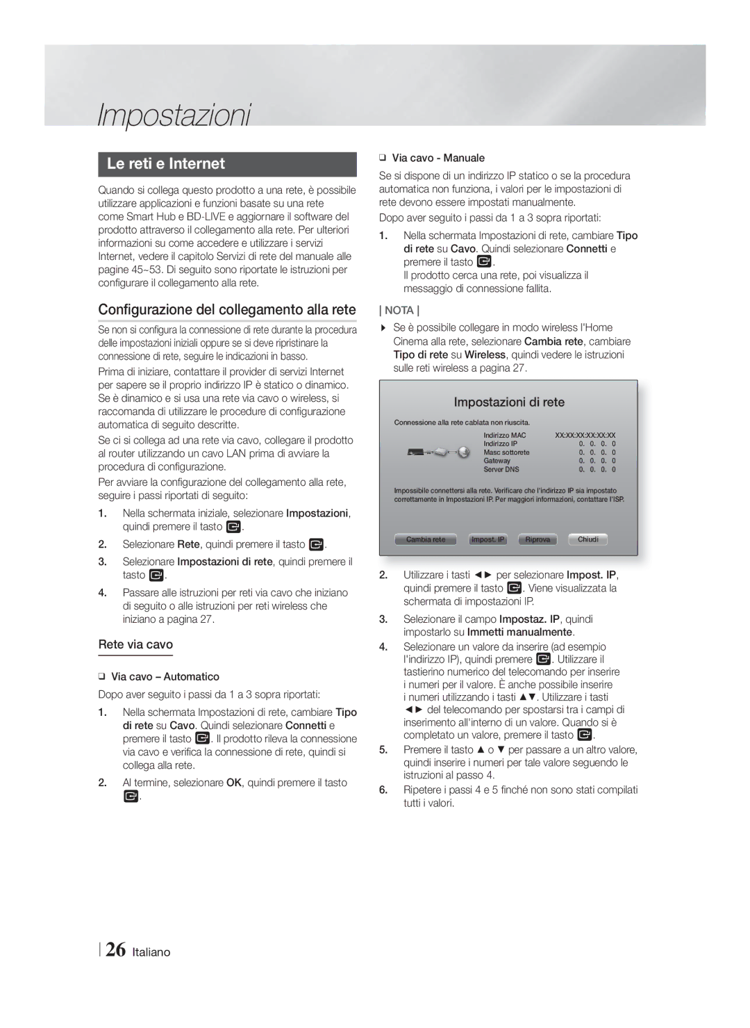 Samsung HT-F9750W/XN Le reti e Internet, Configurazione del collegamento alla rete, Rete via cavo, Impostazioni di rete 