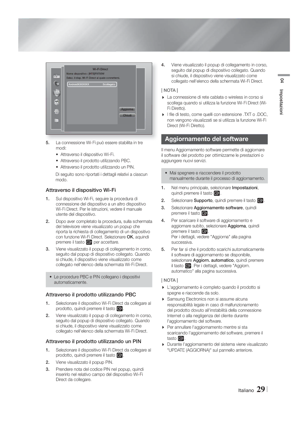 Samsung HT-F9750W/ZF Aggiornamento del software, Attraverso il dispositivo Wi-Fi, Attraverso il prodotto utilizzando PBC 