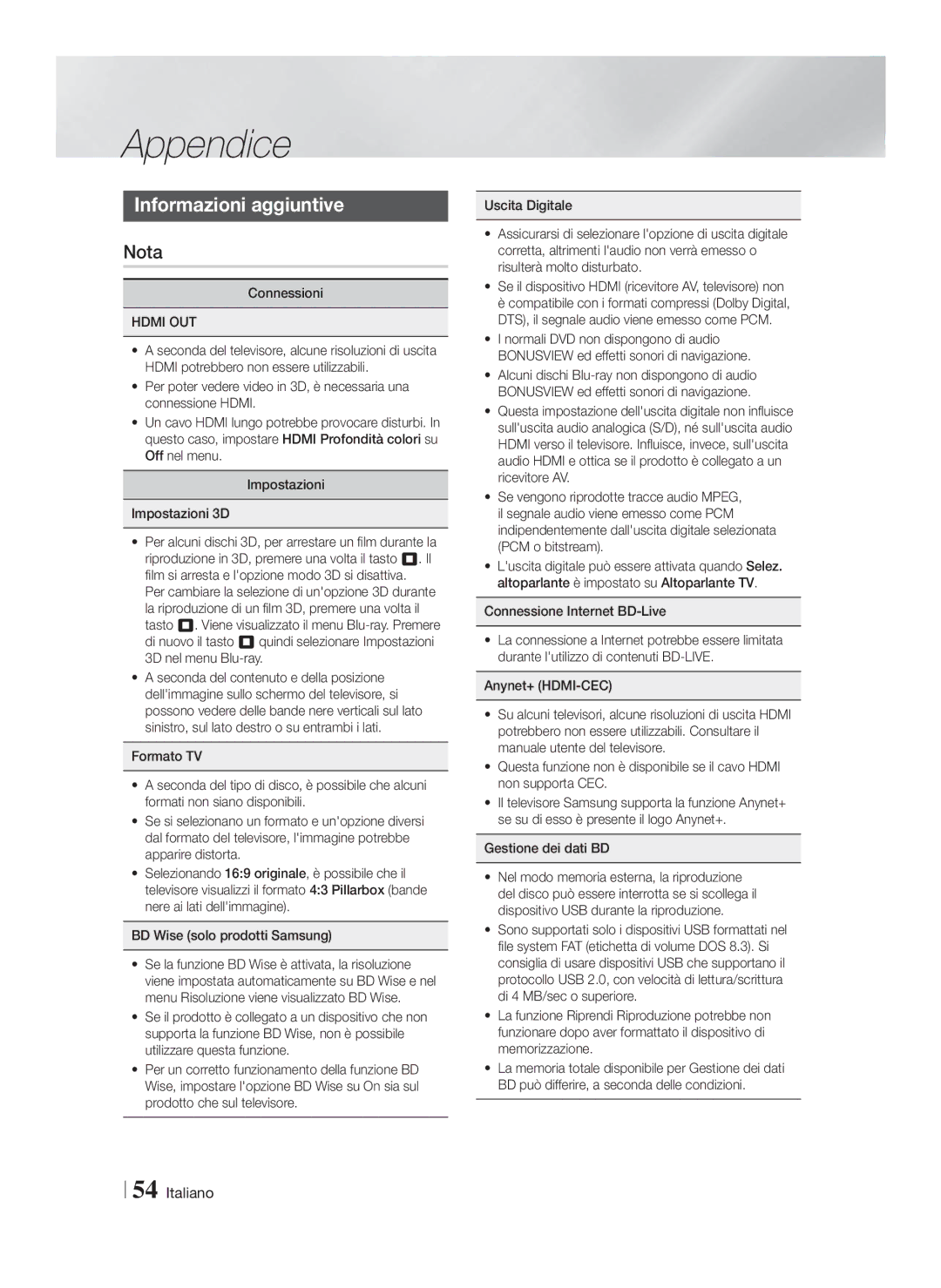 Samsung HT-F9750W/ZF, HT-F9750W/XN manual Appendice, Informazioni aggiuntive, Nota, Connessioni, Gestione dei dati BD 