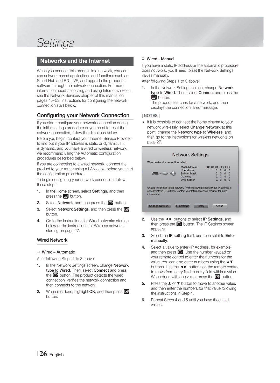 Samsung HT-F9750W/TK manual Networks and the Internet, Configuring your Network Connection, Wired Network, Network Settings 