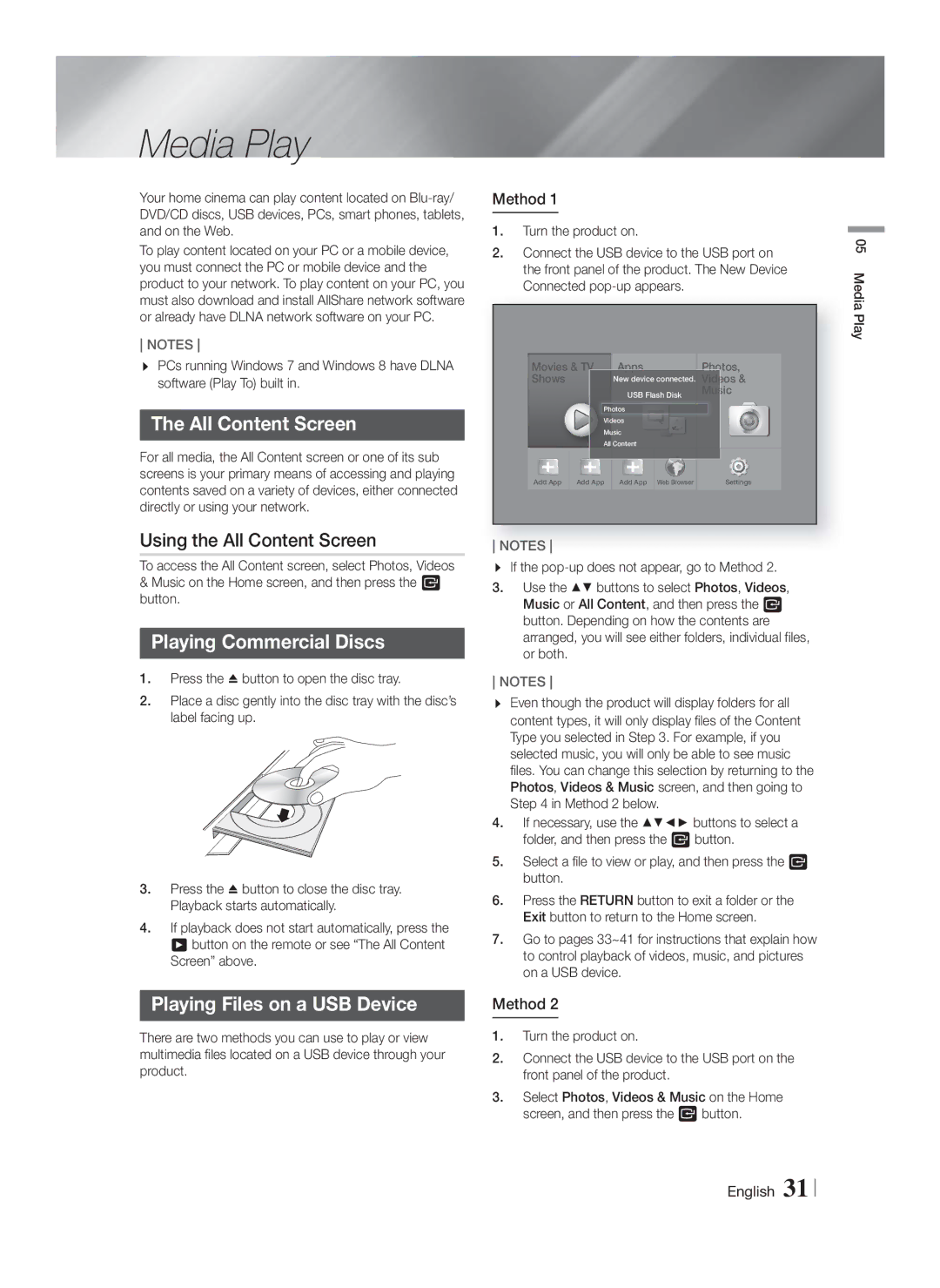 Samsung HT-F9750W/TK Media Play, Using the All Content Screen, Playing Commercial Discs, Playing Files on a USB Device 