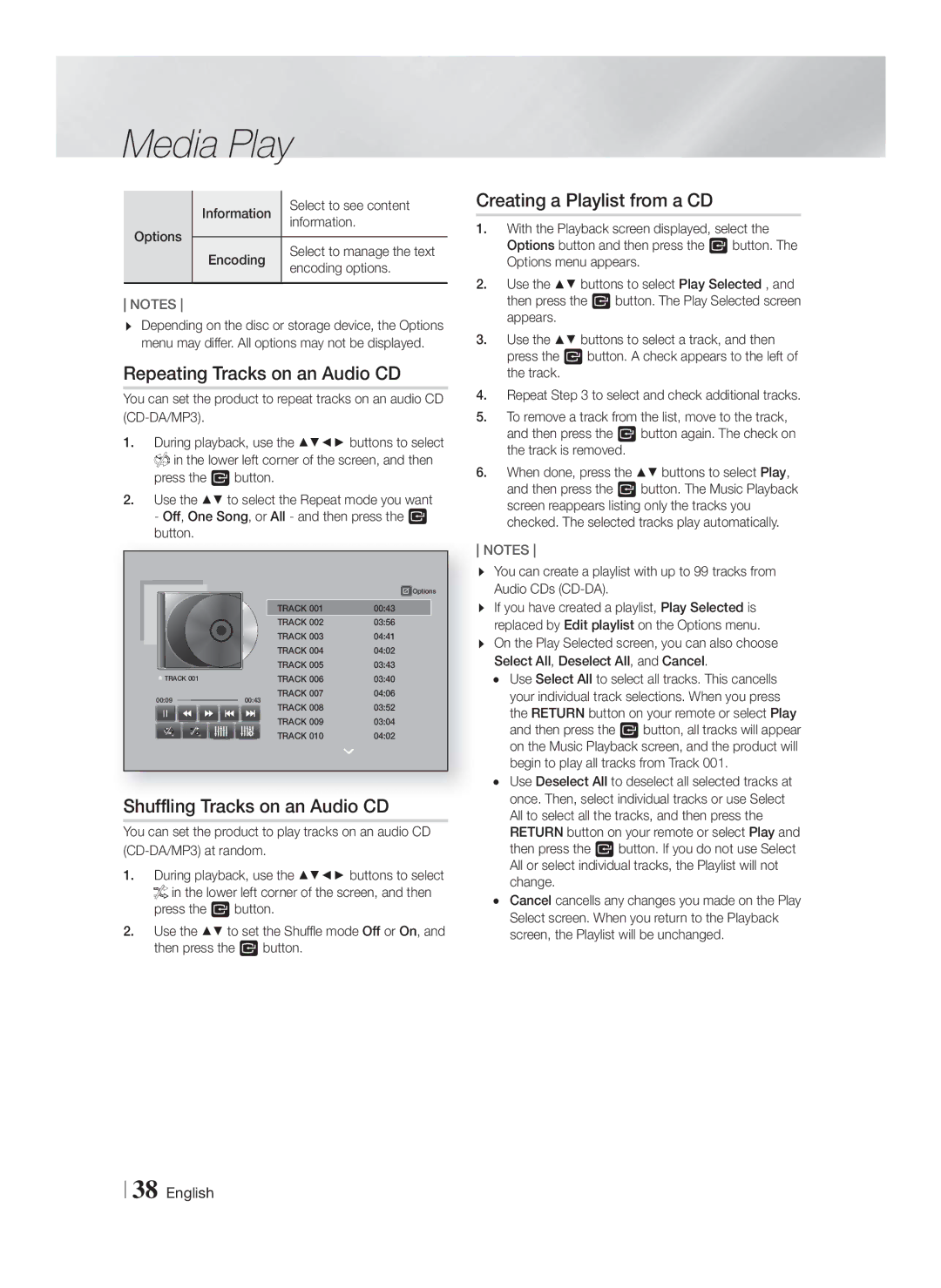 Samsung HT-F9750W/ZF manual Repeating Tracks on an Audio CD, Shuffling Tracks on an Audio CD, Creating a Playlist from a CD 