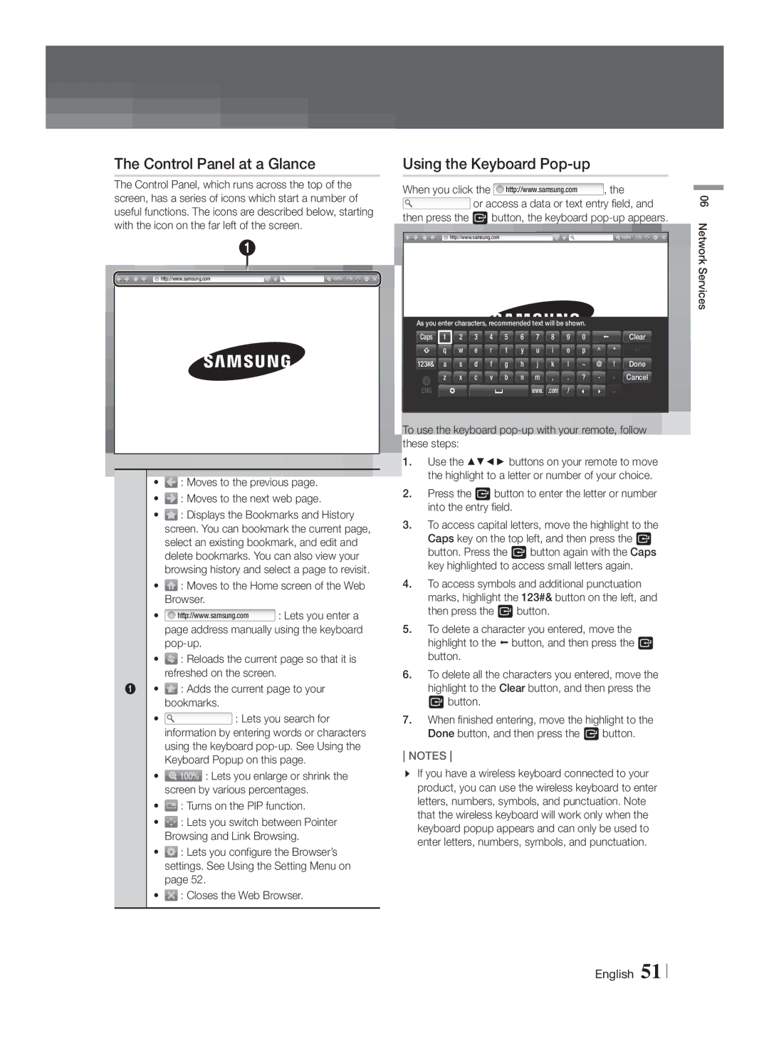 Samsung HT-F9750W/TK Control Panel at a Glance, Using the Keyboard Pop-up, Moves to the previous Moves to the next web 