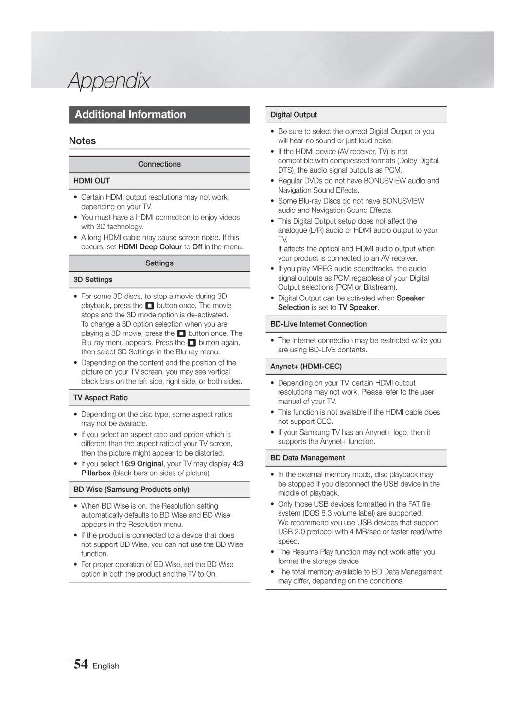 Samsung HT-F9750W/XE, HT-F9750W/XN, HT-F9750W/TK manual Appendix, Additional Information, Hdmi OUT, Settings 3D Settings 