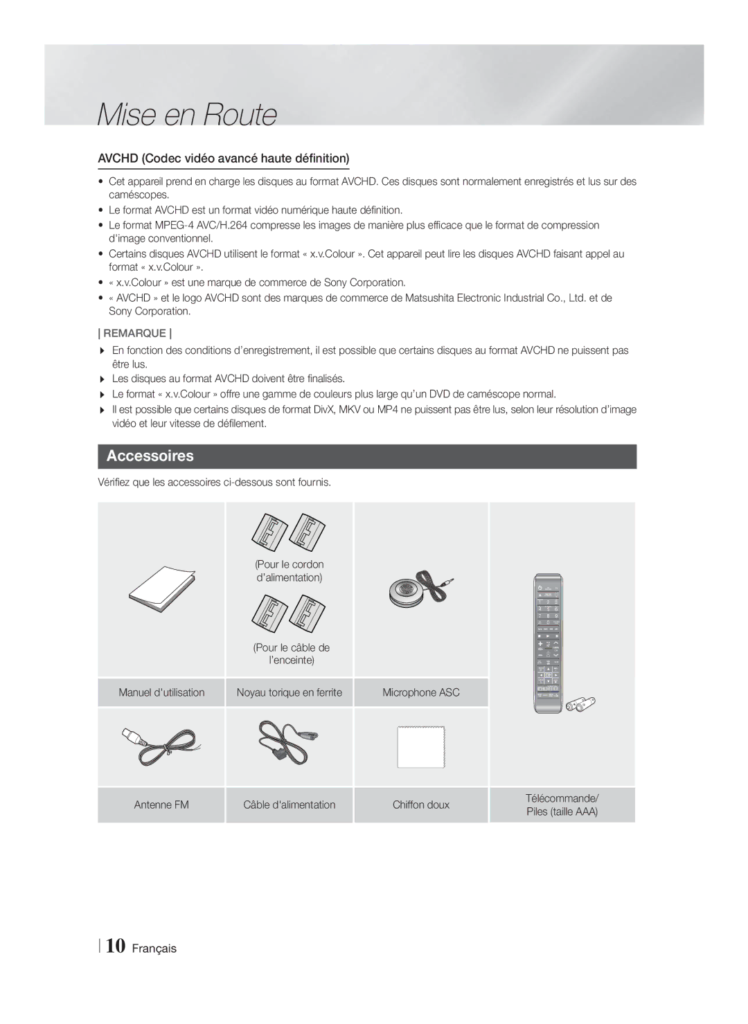 Samsung HT-F9750W/ZF, HT-F9750W/XN, HT-F9750W/TK, HT-F9750W/EN manual Accessoires, Avchd Codec vidéo avancé haute définition 