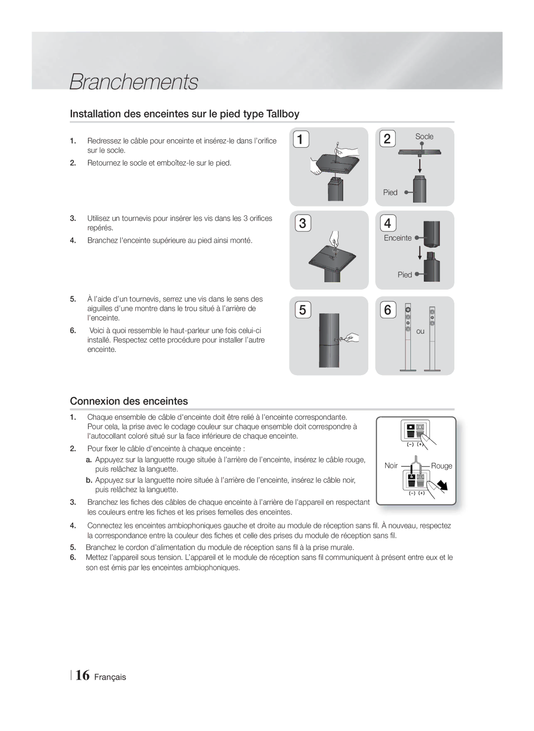 Samsung HT-F9750W/XE, HT-F9750W/XN manual Installation des enceintes sur le pied type Tallboy, Connexion des enceintes 