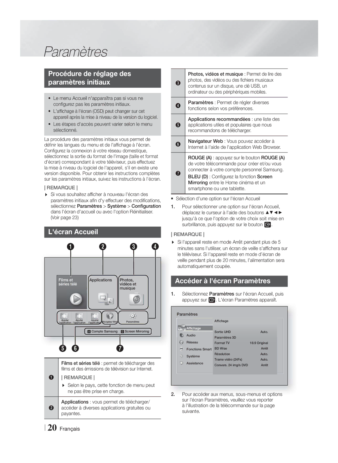 Samsung HT-F9750W/ZF manual Procédure de réglage des Paramètres initiaux, Lécran Accueil, Accéder à lécran Paramètres 