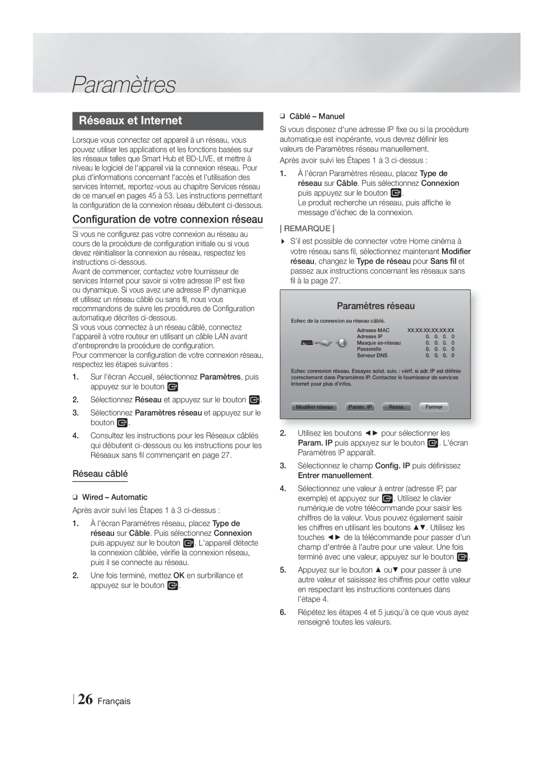 Samsung HT-F9750W/XE manual Réseaux et Internet, Configuration de votre connexion réseau, Réseau câblé, Paramètres réseau 