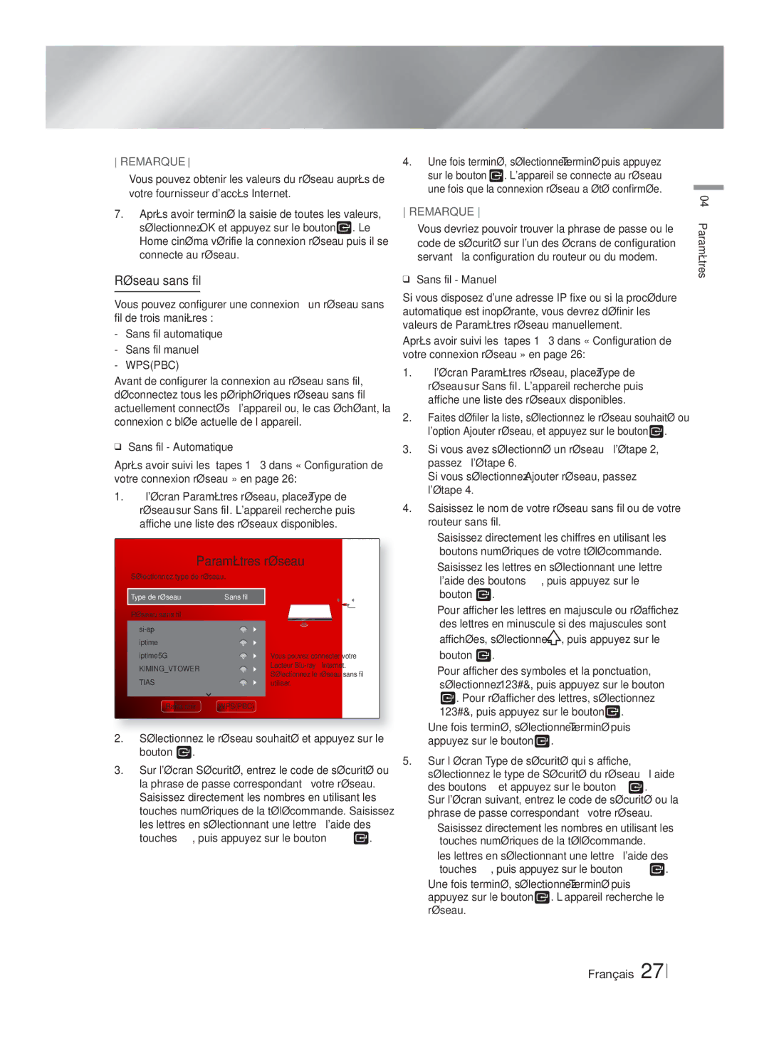 Samsung HT-F9750W/XN, HT-F9750W/TK, HT-F9750W/EN, HT-F9750W/ZF, HT-F9750W/XE manual Réseau sans fil 