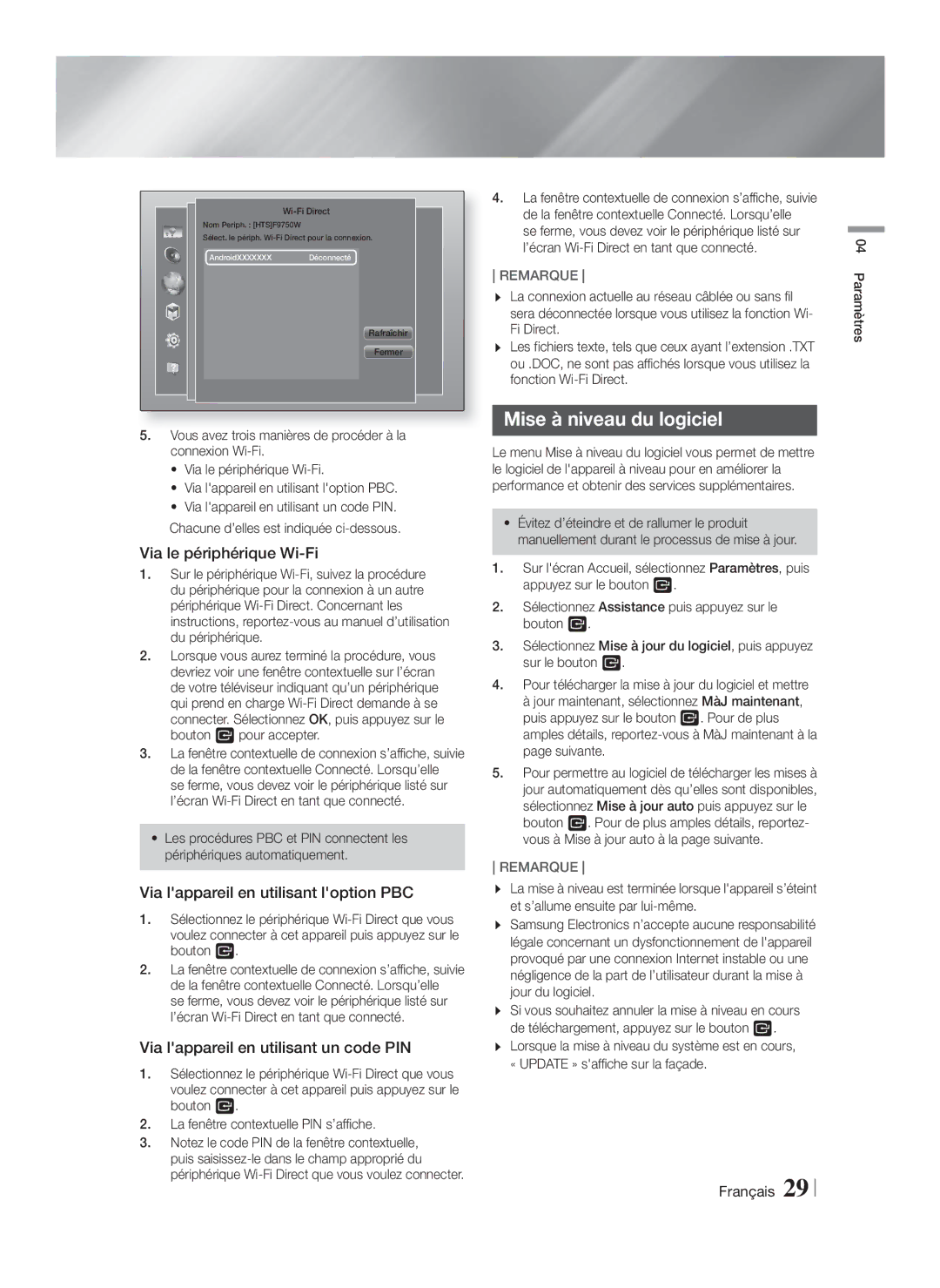 Samsung HT-F9750W/EN manual Mise à niveau du logiciel, Via le périphérique Wi-Fi, Via lappareil en utilisant loption PBC 