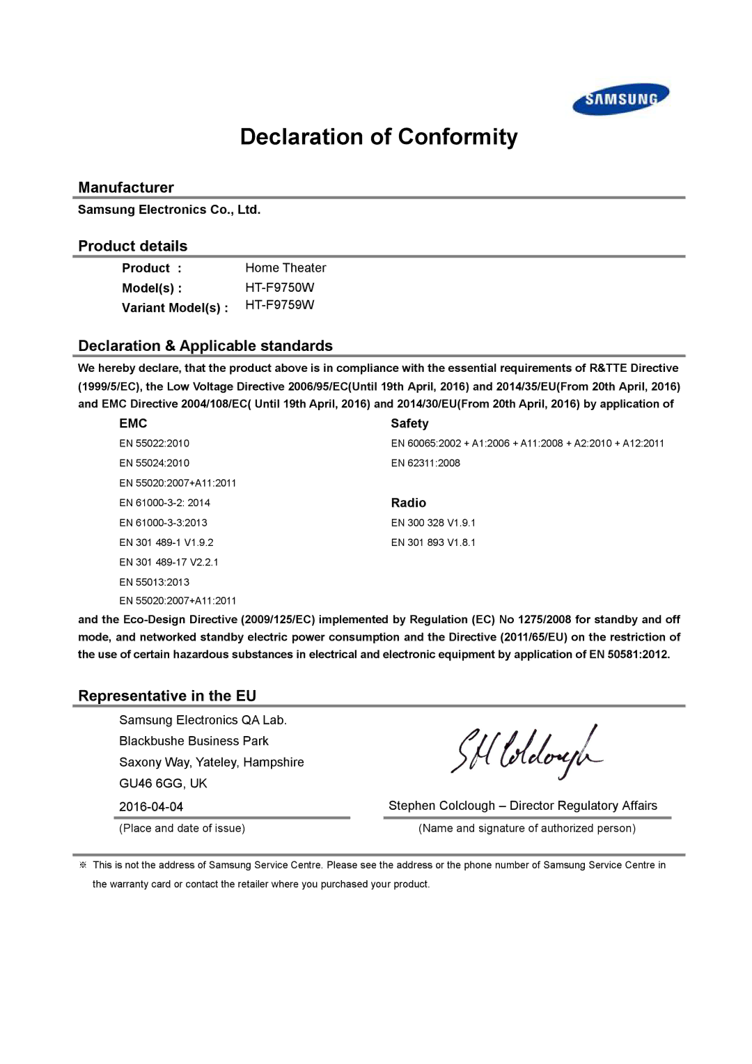 Samsung HT-F9750W/TK manual Declaration of Conformity, Manufacturer Product details, Declaration & Applicable standards 