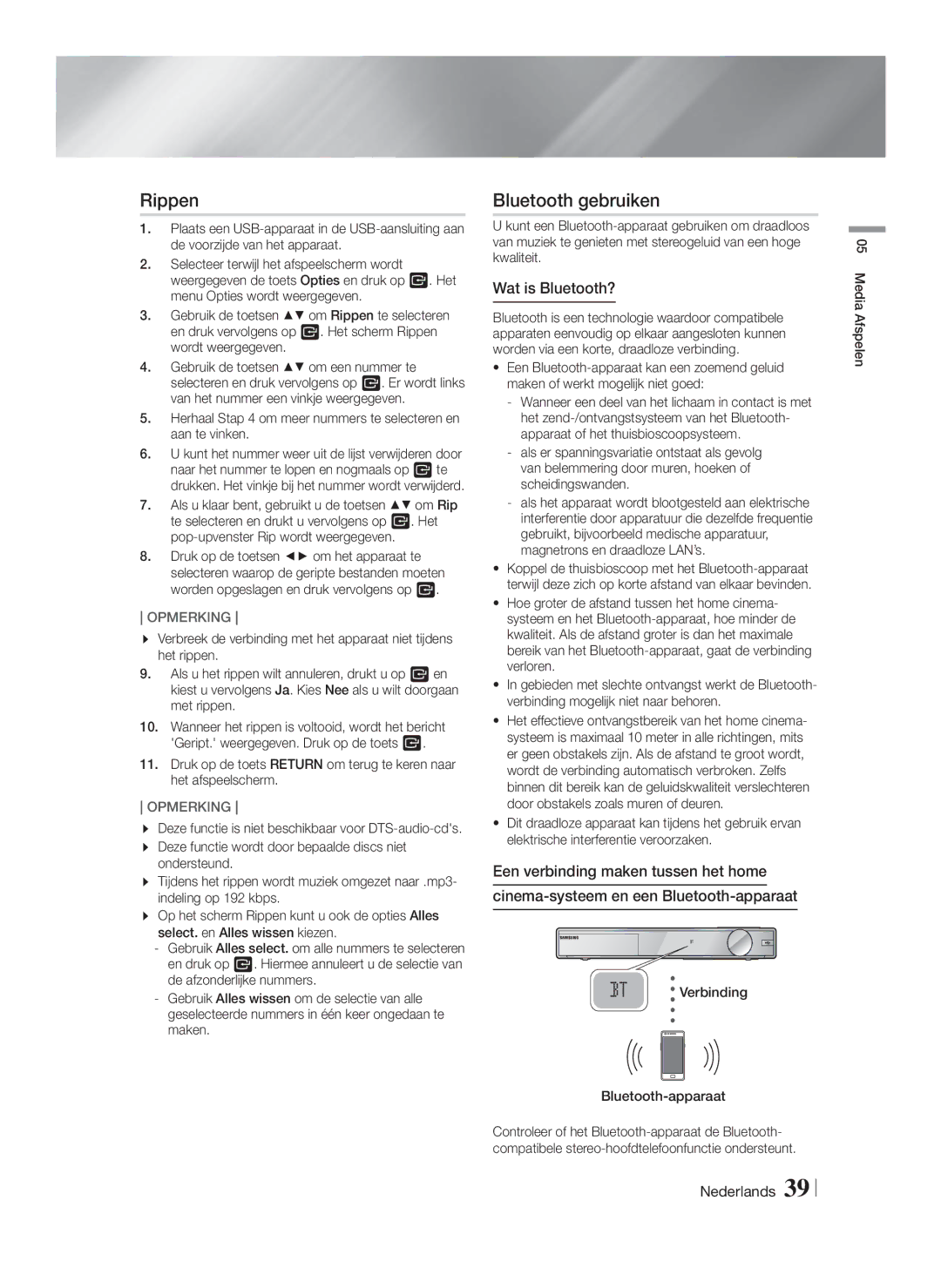 Samsung HT-F9750W/XN, HT-F9750W/TK manual Rippen, Bluetooth gebruiken, Wat is Bluetooth?, Verbinding Bluetooth-apparaat 