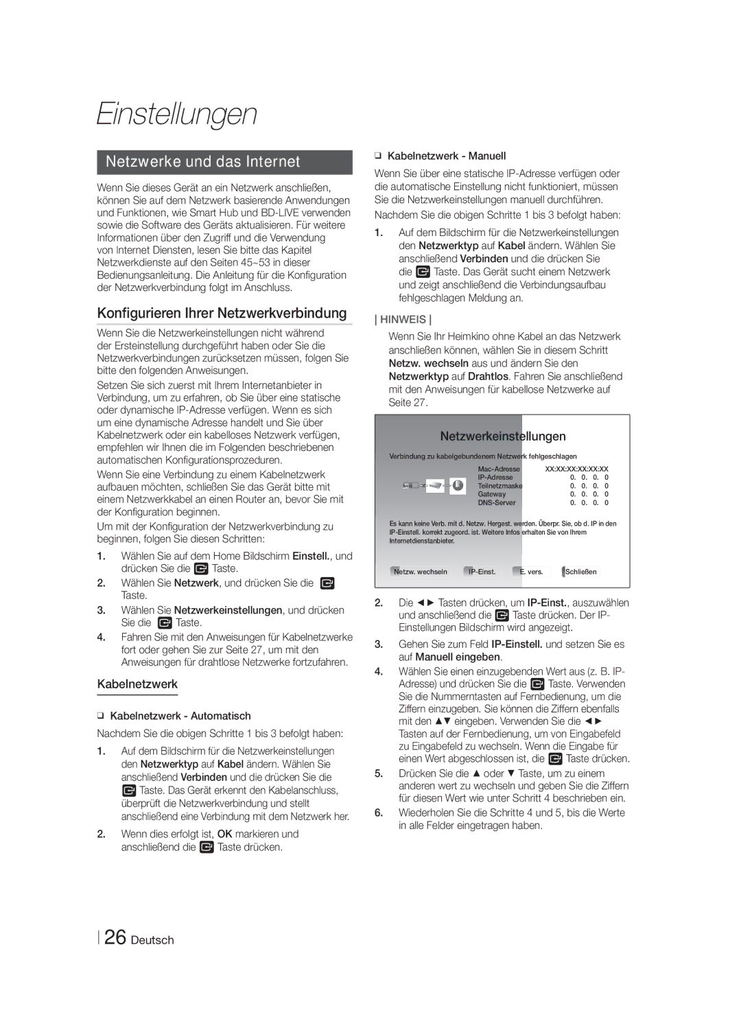 Samsung HT-F9750W/EN, HT-F9750W/XN manual Netzwerke und das Internet, Konfigurieren Ihrer Netzwerkverbindung, Kabelnetzwerk 