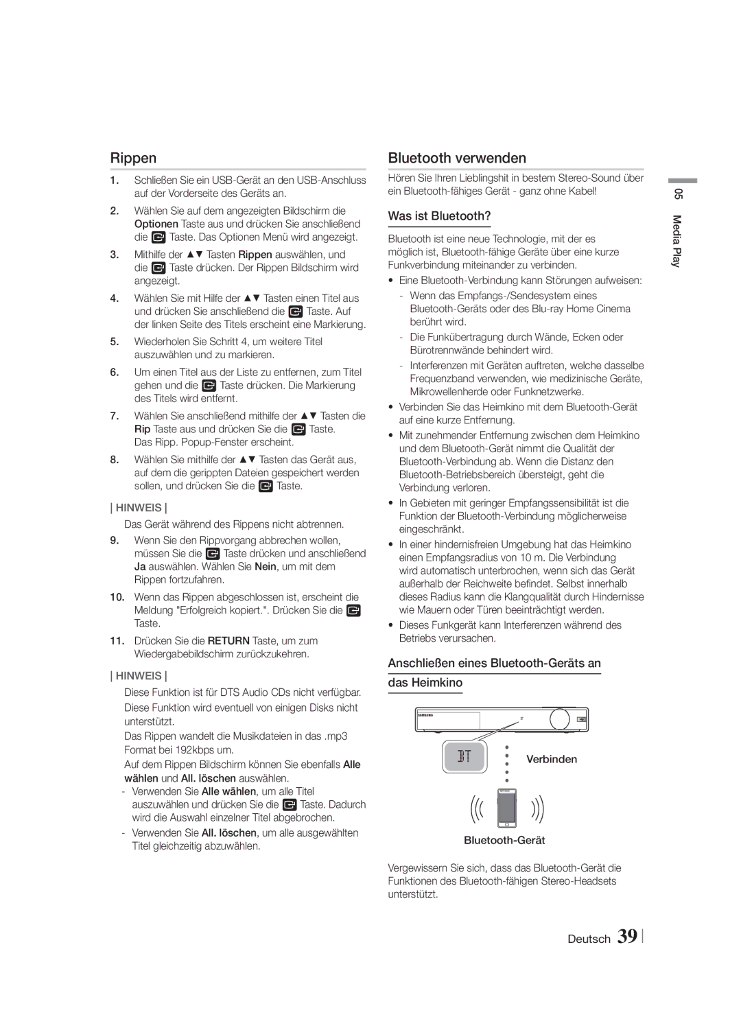 Samsung HT-F9750W/XN manual Bluetooth verwenden, Was ist Bluetooth?, Anschließen eines Bluetooth-Geräts an Das Heimkino 