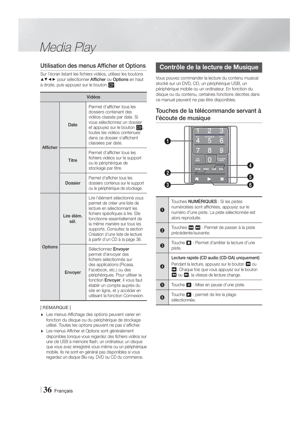 Samsung HT-F9750W/XN, HT-F9750W/TK manual Utilisation des menus Afficher et Options, Contrôle de la lecture de Musique 