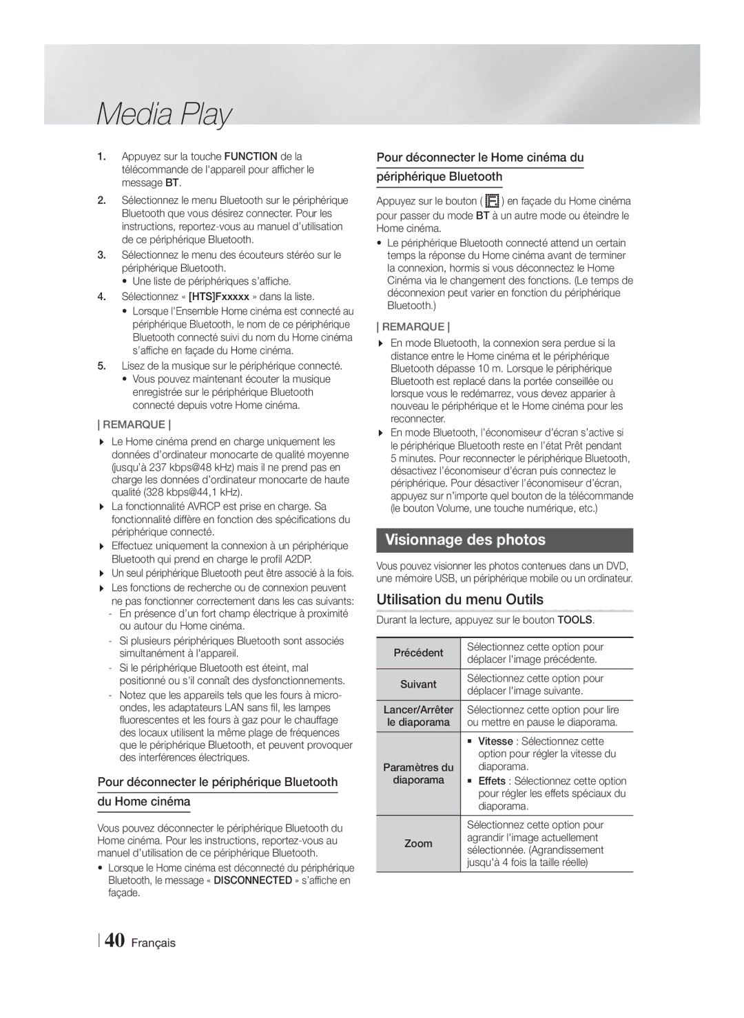 Samsung HT-F9750W/TK, HT-F9750W/XN manual Visionnage des photos, Pour déconnecter le périphérique Bluetooth Du Home cinéma 