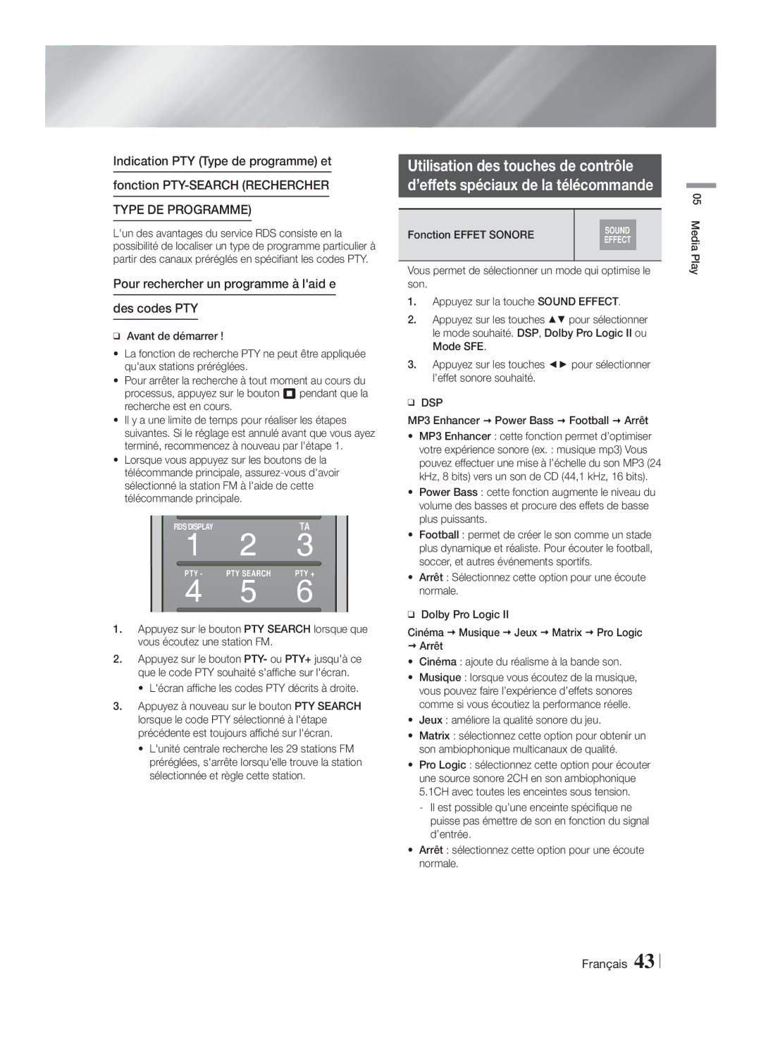 Samsung HT-F9750W/TK manual Utilisation des touches de contrôle, Pour rechercher un programme à laid e Des codes PTY, Dsp 