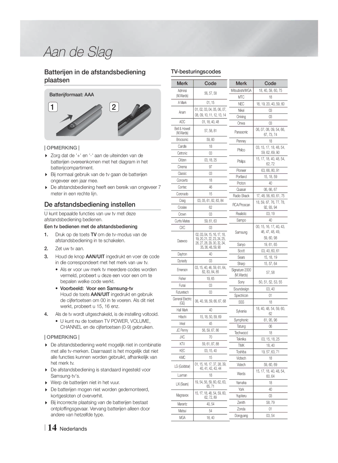 Samsung HT-F9750W/EN manual Batterijen in de afstandsbediening plaatsen, De afstandsbediening instellen, TV-besturingscodes 