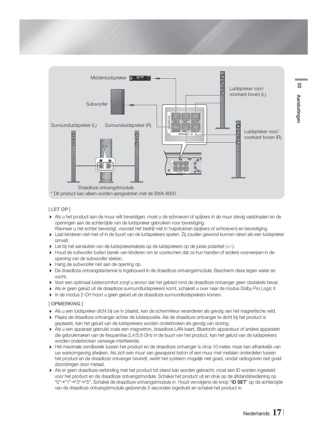 Samsung HT-F9750W/EN, HT-F9750W/XN, HT-F9750W/TK manual Middenluidspreker Subwoofer Surroundluidspreker L, Voorkant boven R 