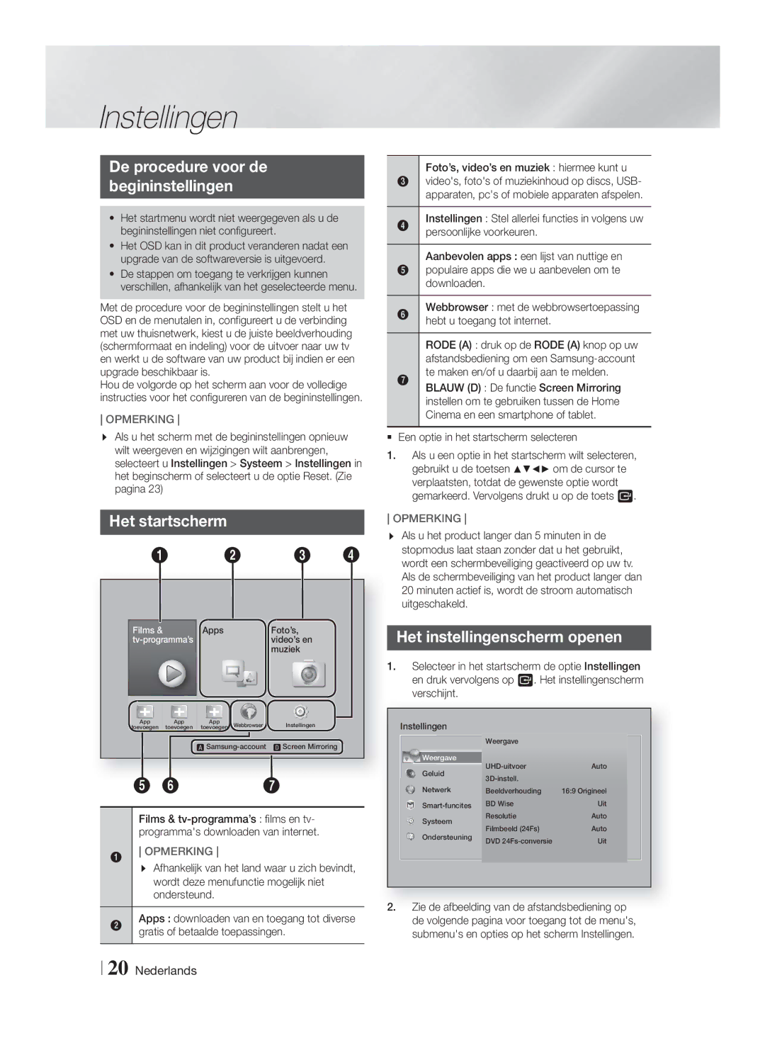 Samsung HT-F9750W/EN Instellingen, De procedure voor de Begininstellingen, Het startscherm, Het instellingenscherm openen 