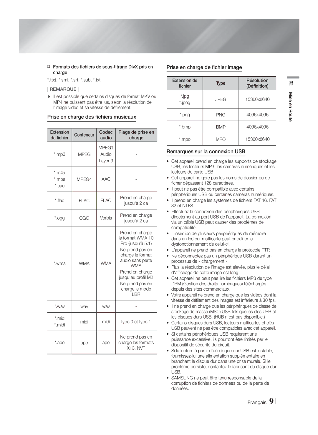 Samsung HT-F9750W/XN, HT-F9750W/TK manual Prise en charge des fichiers musicaux, Prise en charge de fichier image, Mpo 