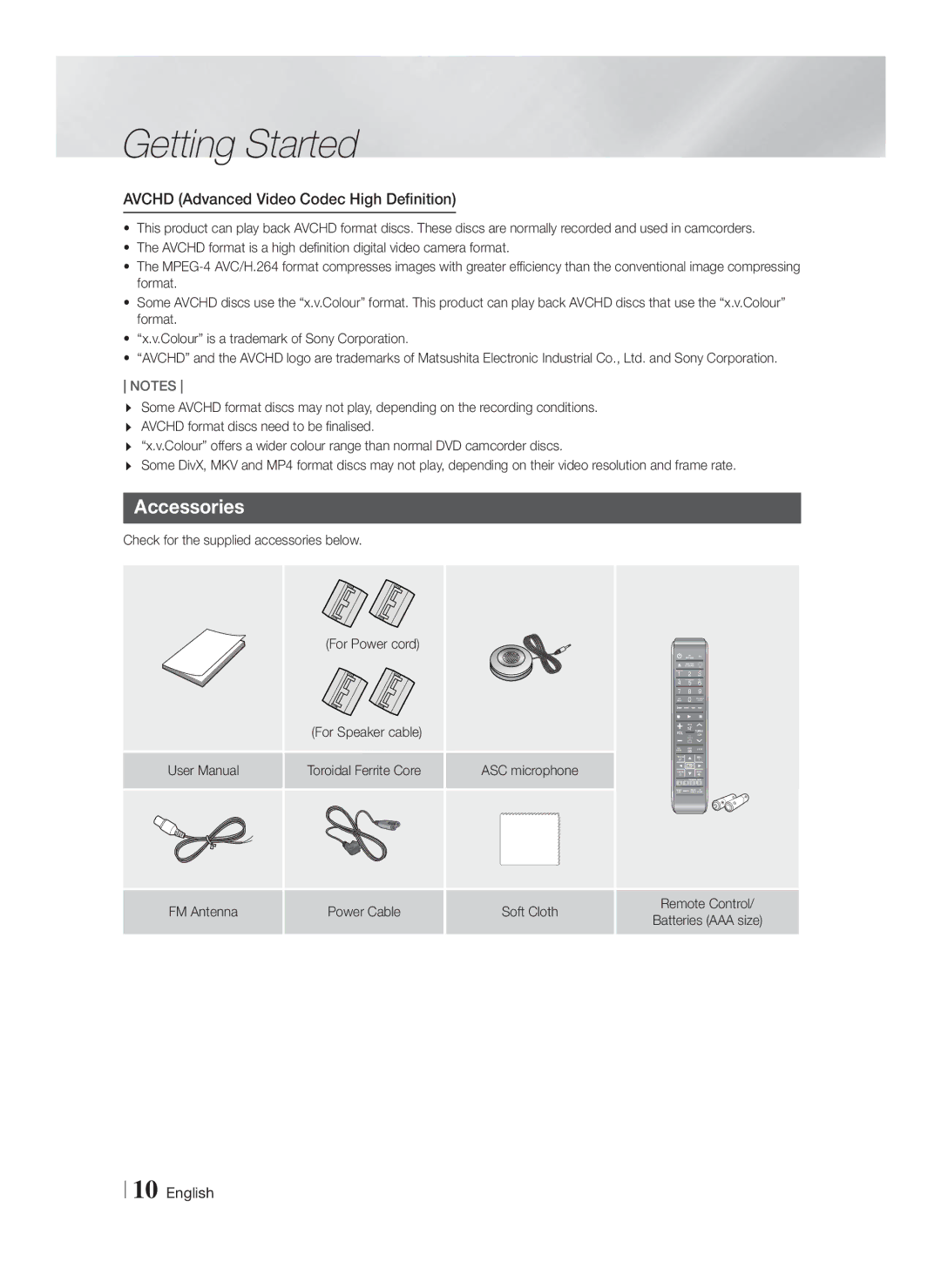 Samsung HT-F9750W/TK, HT-F9750W/XN, HT-F9750W/EN manual Accessories, Avchd Advanced Video Codec High Definition, FM Antenna 