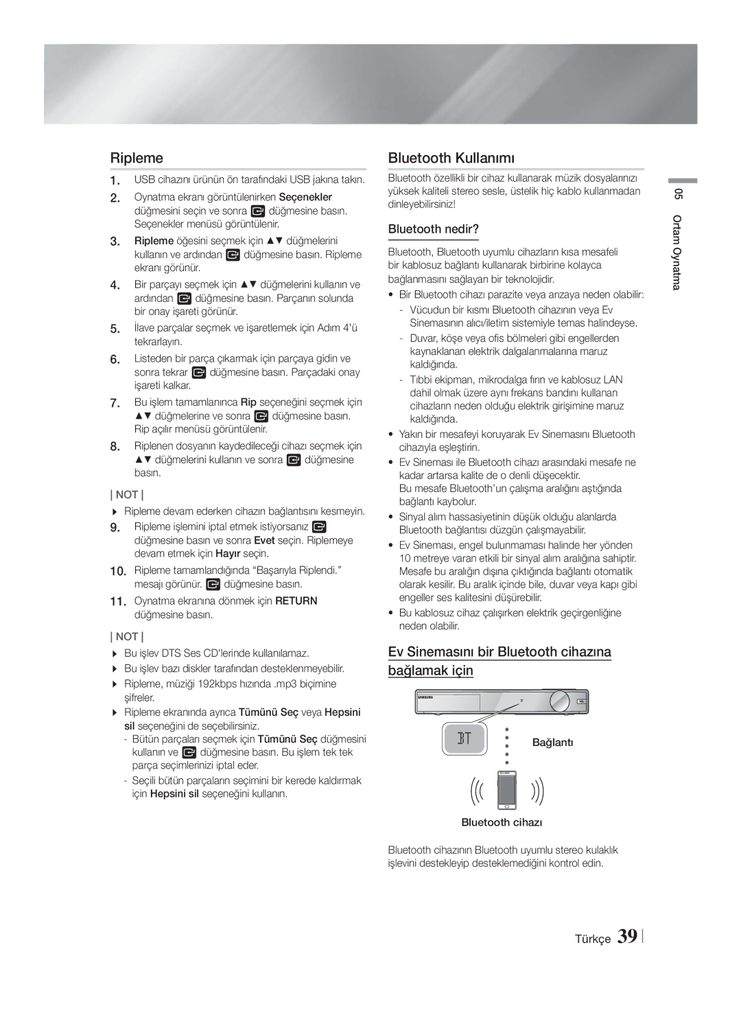 Samsung HT-F9750W/TK, HT-F9750W/XN, HT-F9750W/EN manual Ripleme, Bluetooth Kullanımı, Bluetooth nedir? 