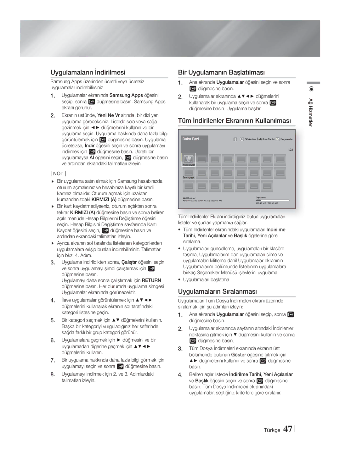 Samsung HT-F9750W/XN Uygulamaların İndirilmesi, Bir Uygulamanın Başlatılması, Tüm İndirilenler Ekranının Kullanılması 