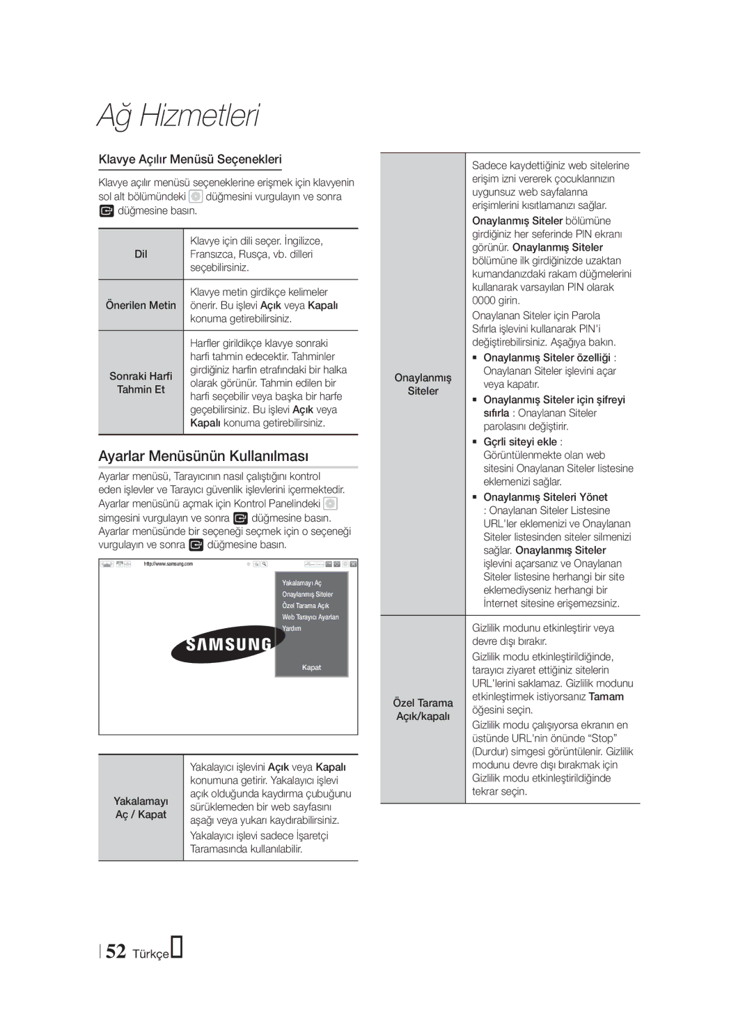 Samsung HT-F9750W/EN, HT-F9750W/XN manual Ayarlar Menüsünün Kullanılması, Klavye Açılır Menüsü Seçenekleri, 52 Türkçe 