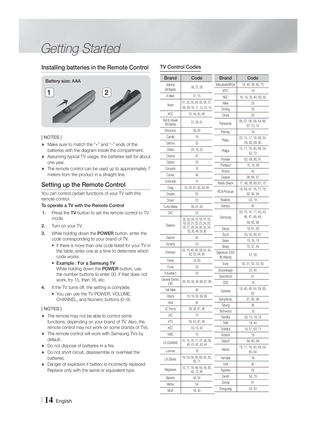 Samsung HT-F9750W/EN manual Installing batteries in the Remote Control, Setting up the Remote Control, TV Control Codes 