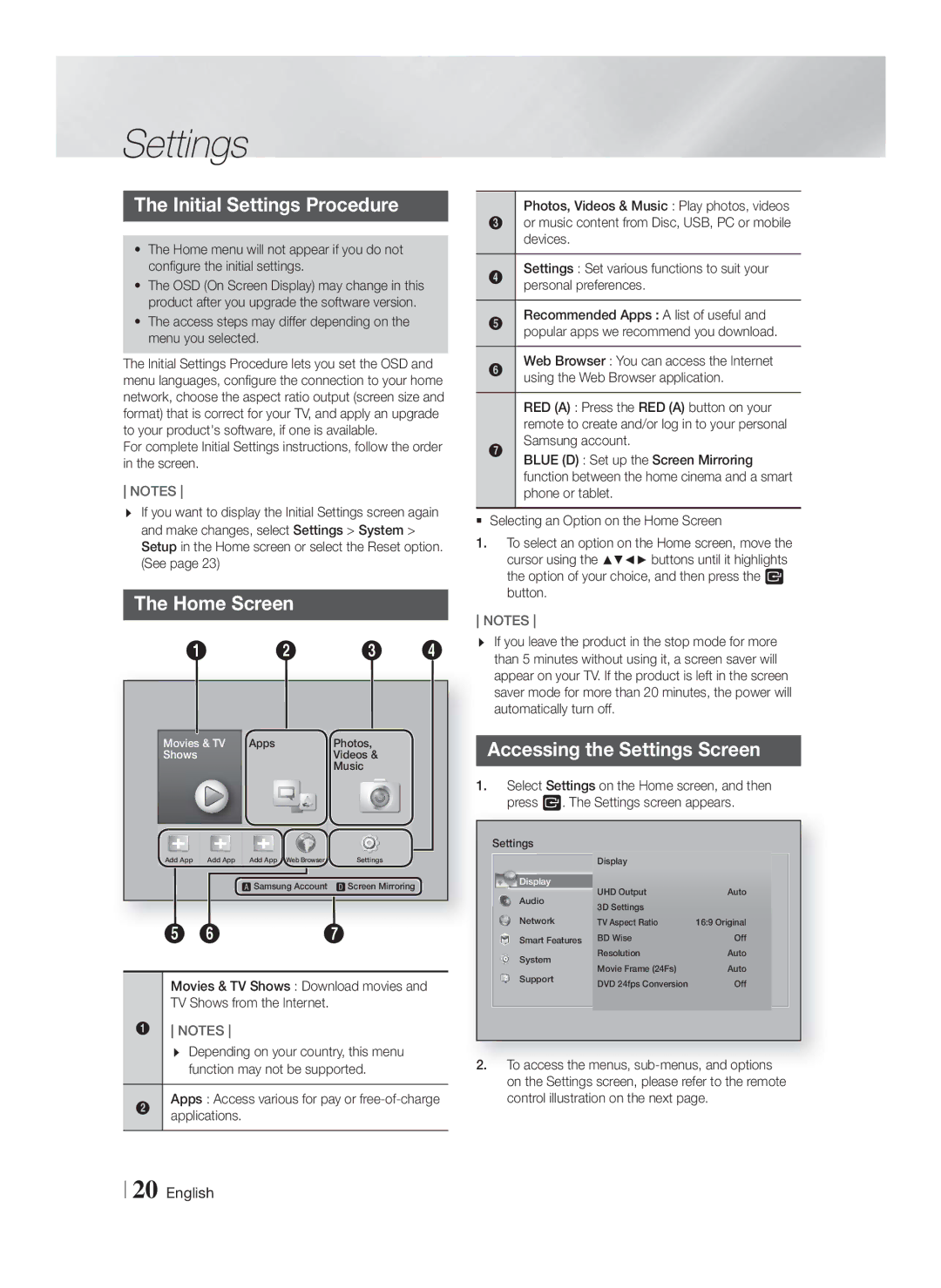 Samsung HT-F9750W/EN, HT-F9750W/XN, HT-F9750W/TK Initial Settings Procedure, Home Screen, Accessing the Settings Screen 