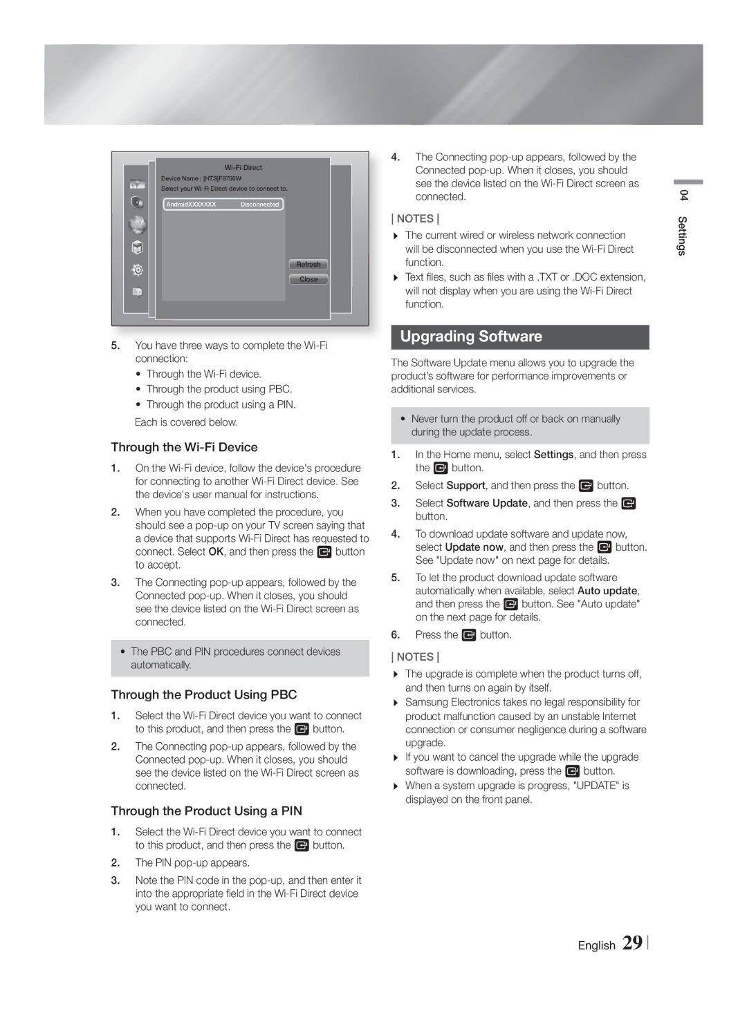 Samsung HT-F9750W/EN, HT-F9750W/XN manual Upgrading Software, Through the Wi-Fi Device, Through the Product Using PBC 