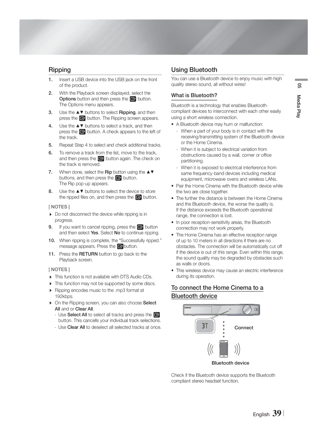 Samsung HT-F9750W/XN Ripping, Using Bluetooth, What is Bluetooth?, Use Clear All to deselect all selected tracks at once 