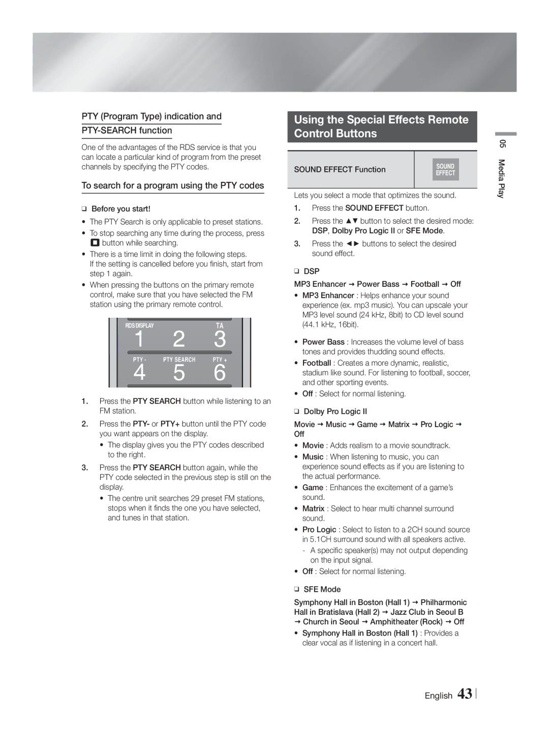 Samsung HT-F9750W/TK Using the Special Effects Remote Control Buttons, PTY Program Type indication PTY-SEARCH function 