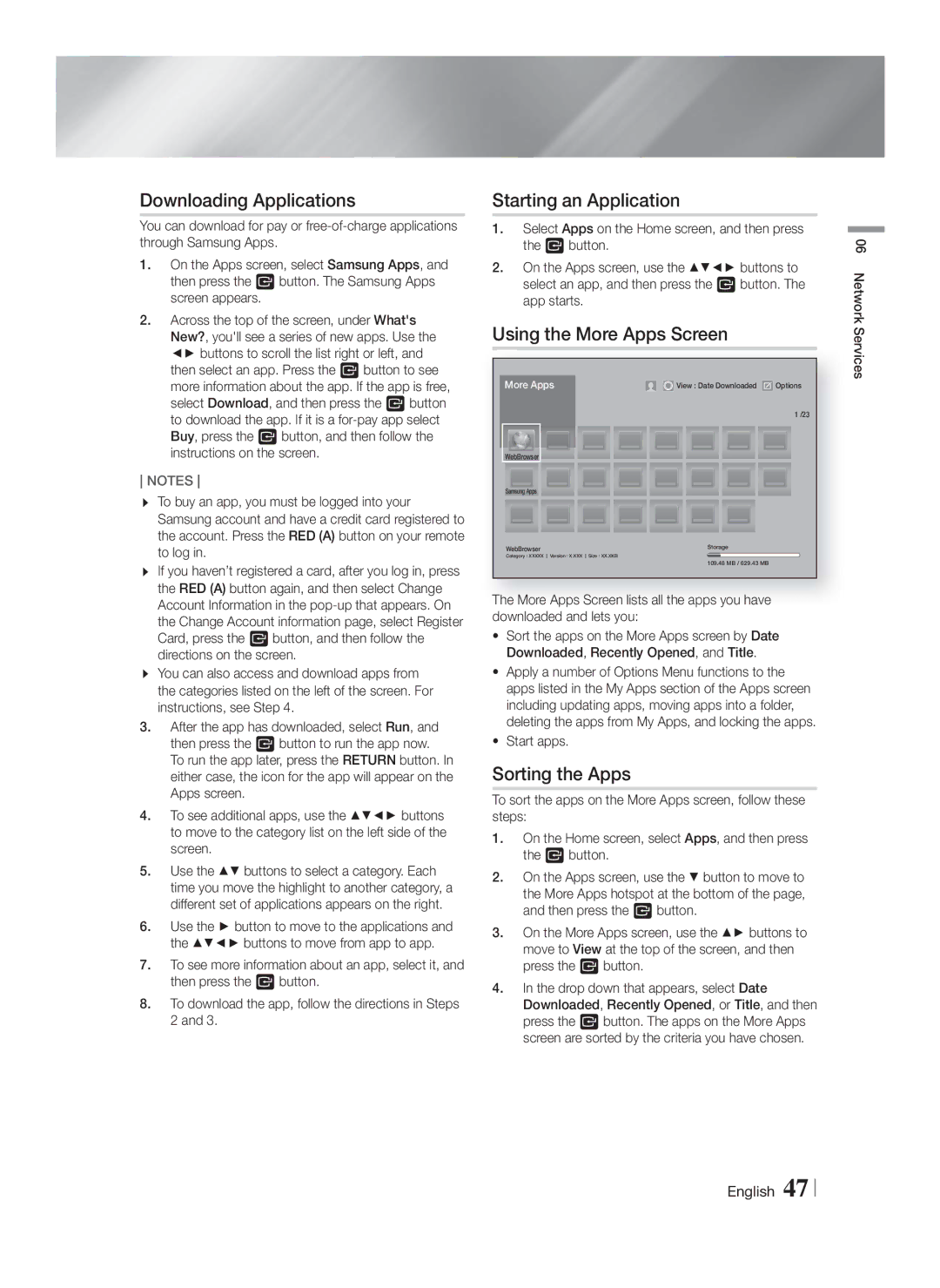 Samsung HT-F9750W/EN manual Downloading Applications, Starting an Application, Using the More Apps Screen, Sorting the Apps 
