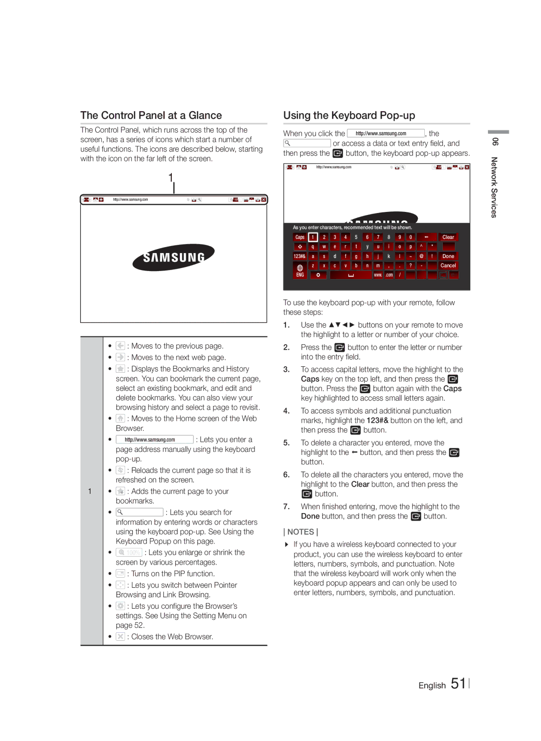 Samsung HT-F9750W/XN Control Panel at a Glance, Using the Keyboard Pop-up, Moves to the previous Moves to the next web 