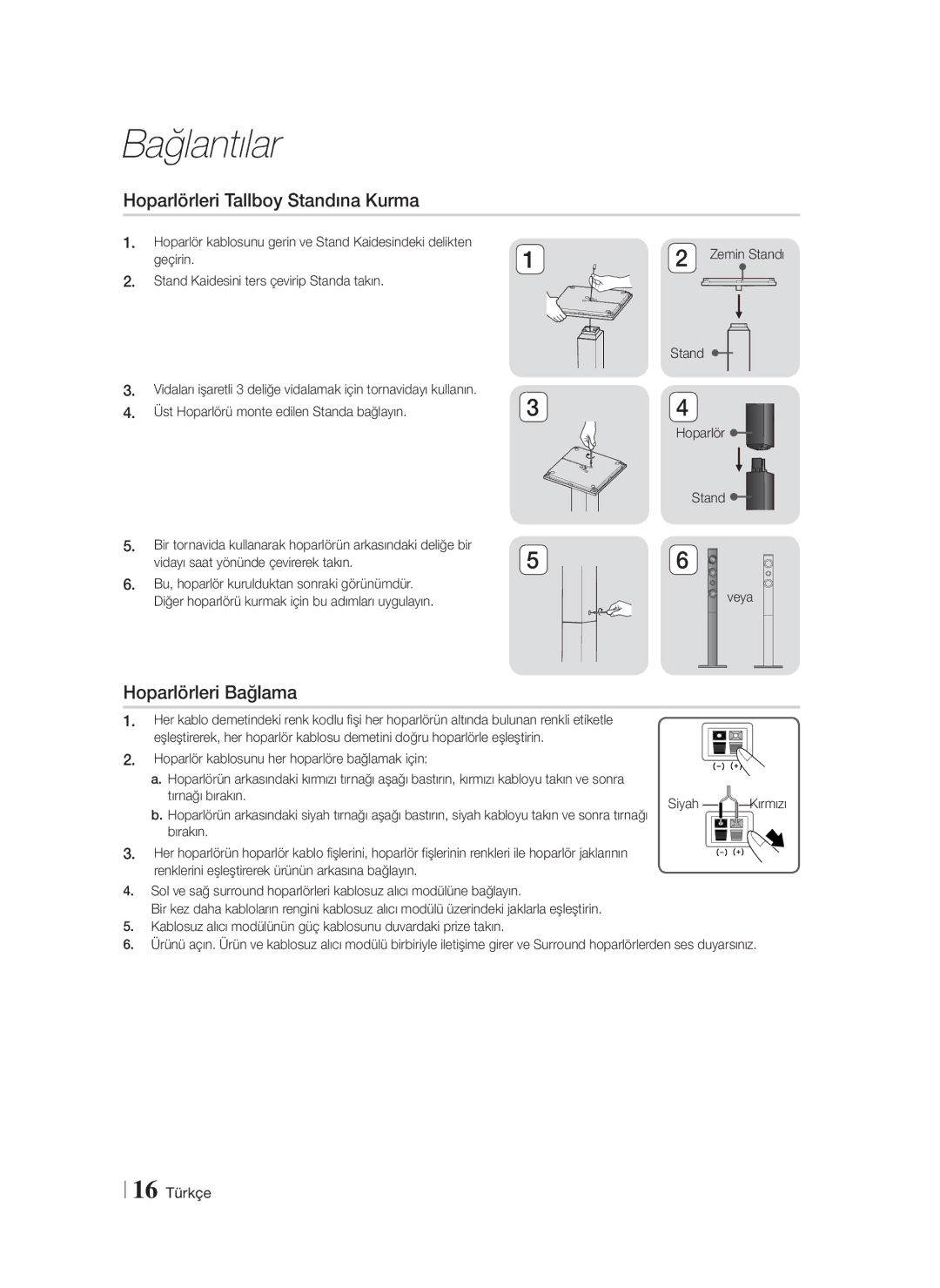 Samsung HT-F9750W/EN manual Hoparlörleri Tallboy Standına Kurma, Hoparlörleri Bağlama, 16 Türkçe, Stand Hoparlör Veya 
