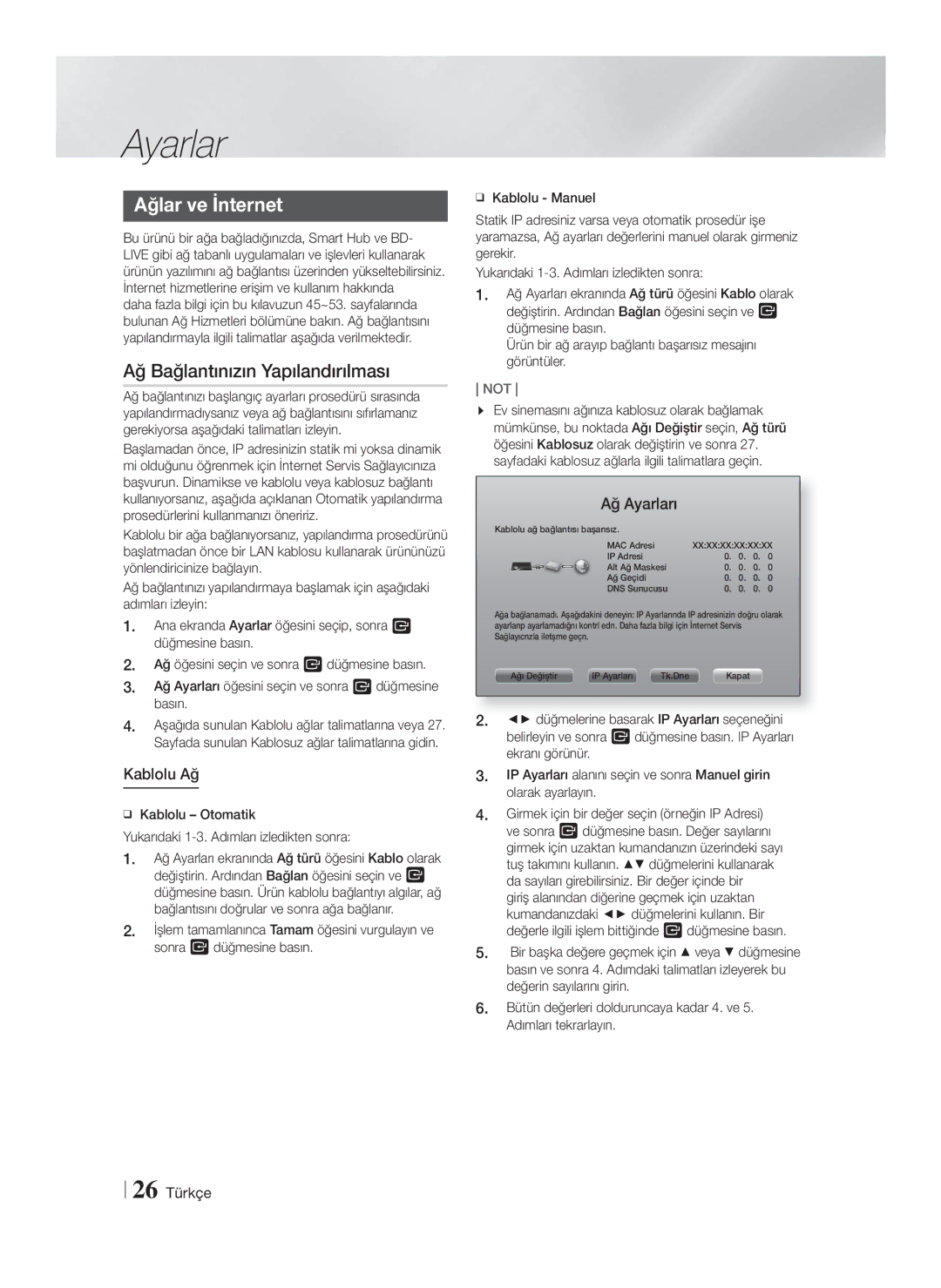 Samsung HT-F9750W/XN manual Ağlar ve İnternet, Ağ Bağlantınızın Yapılandırılması, Kablolu Ağ, Ağ Ayarları, 26 Türkçe 