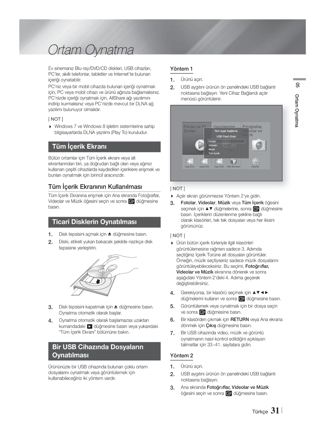 Samsung HT-F9750W/EN, HT-F9750W/XN manual Ortam Oynatma, Tüm İçerik Ekranının Kullanılması, Ticari Disklerin Oynatılması 