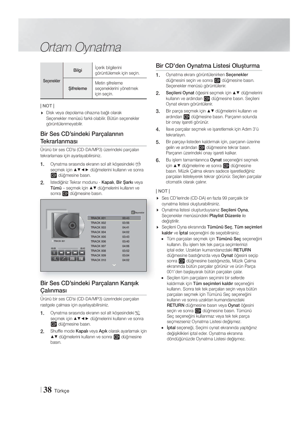 Samsung HT-F9750W/XN manual Bir Ses CD’sindeki Parçalarının Tekrarlanması, Bir Ses CD’sindeki Parçaların Karışık Çalınması 