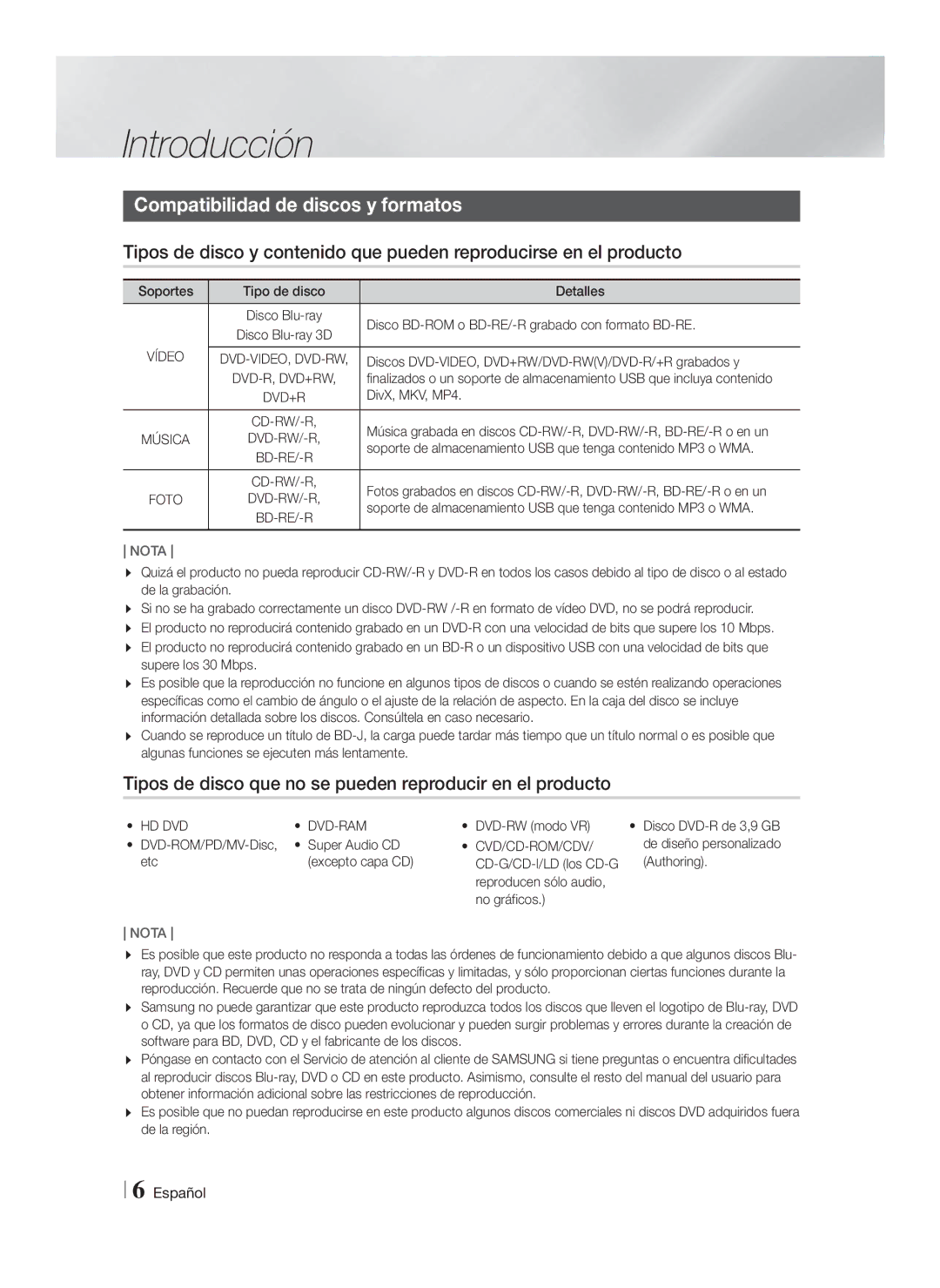 Samsung HT-F9750W/ZF manual Introducción, Compatibilidad de discos y formatos 