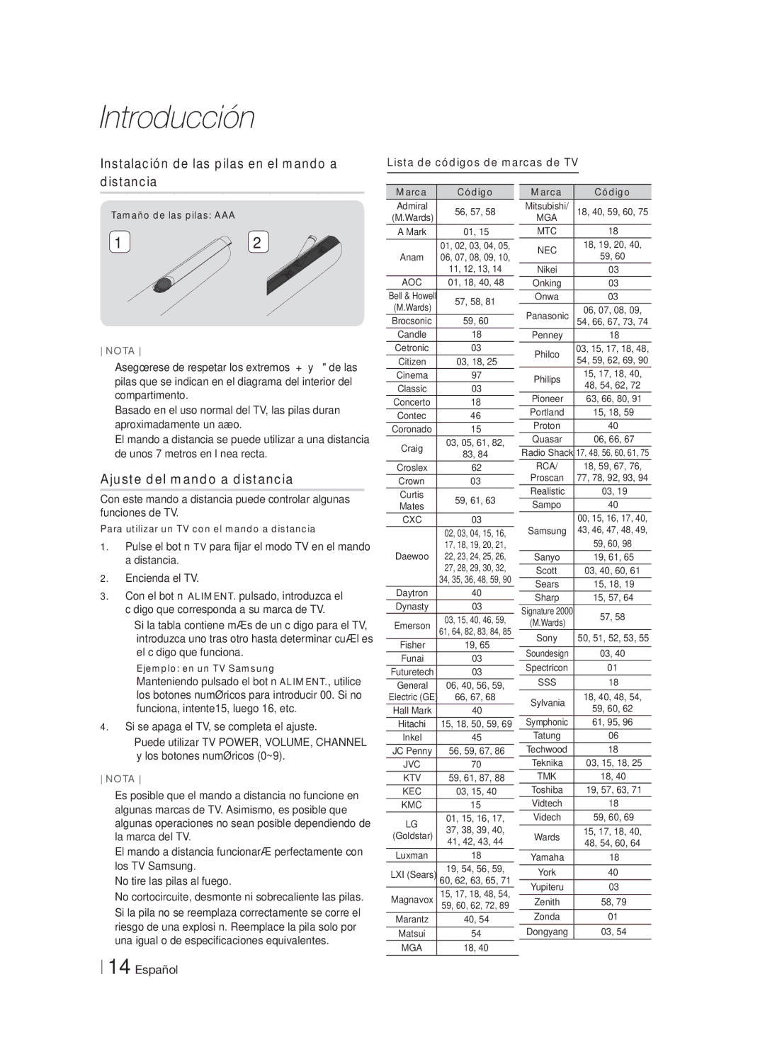 Samsung HT-F9750W/ZF manual Instalación de las pilas en el mando a distancia, Ajuste del mando a distancia, Marca Código 