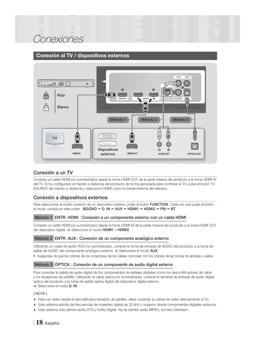 Samsung HT-F9750W/ZF Conexión al TV / dispositivos externos, Conexión a un TV, Conexión a dispositivos externos, Rojo 