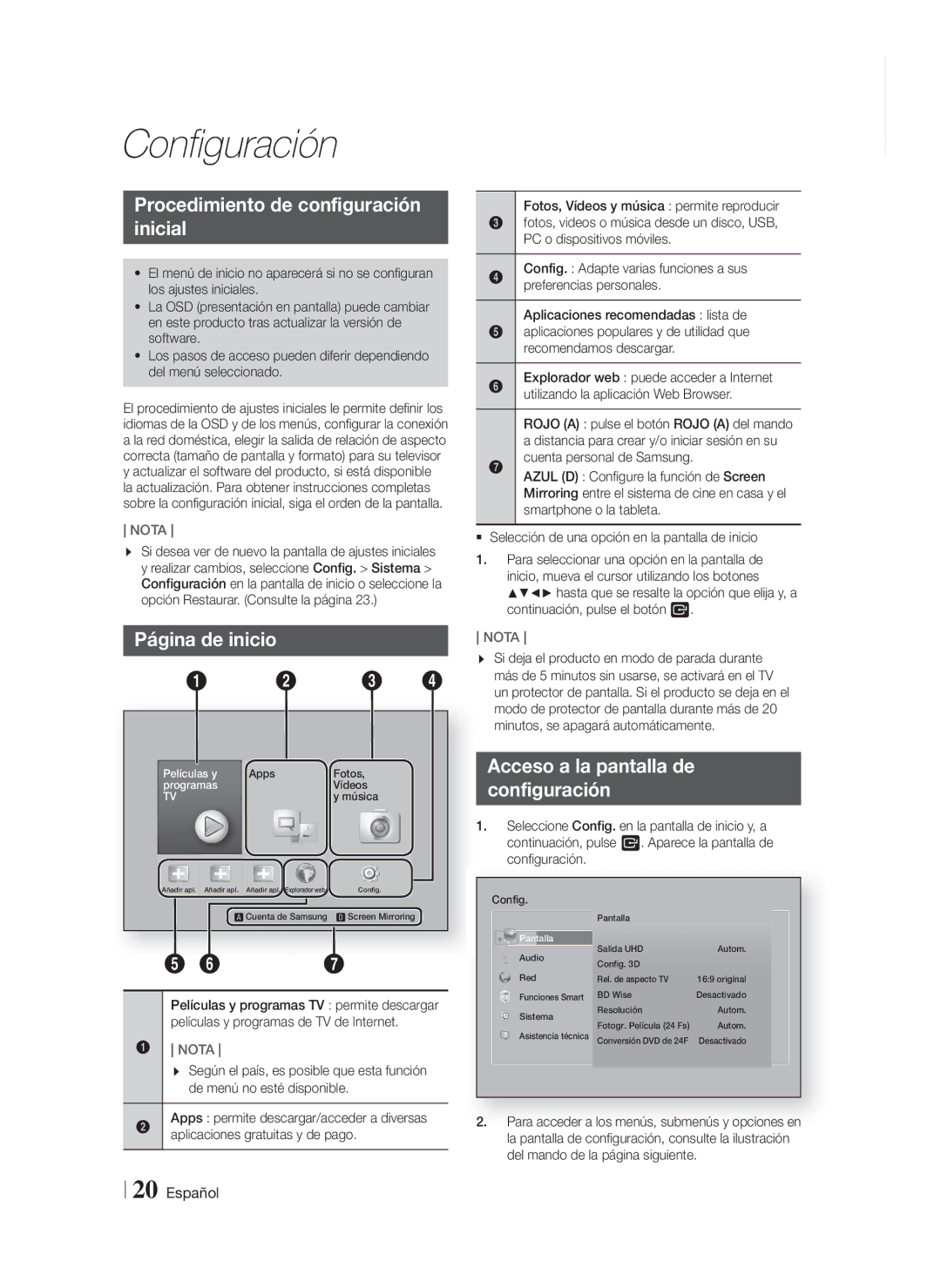 Samsung HT-F9750W/ZF manual Configuración, Procedimiento de configuración Inicial, Página de inicio 