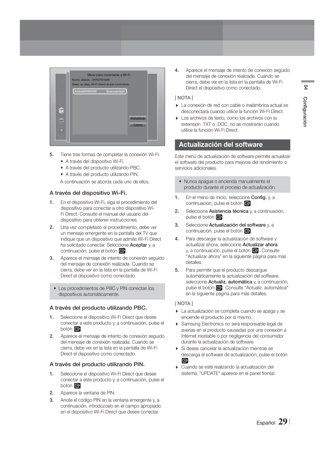 Samsung HT-F9750W/ZF manual Actualización del software, Través del dispositivo Wi-Fi, Través del producto utilizando PBC 