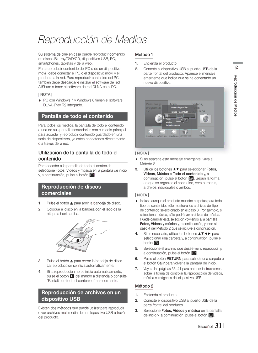 Samsung HT-F9750W/ZF manual Reproducción de Medios, Pantalla de todo el contenido, Reproducción de discos Comerciales 