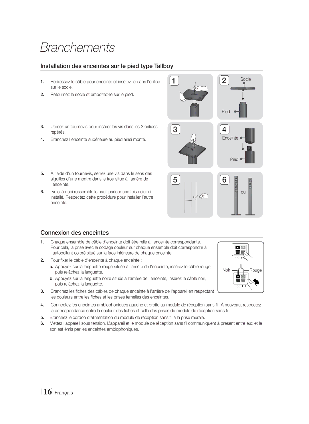 Samsung HT-F9750W/ZF manual Installation des enceintes sur le pied type Tallboy, Connexion des enceintes 