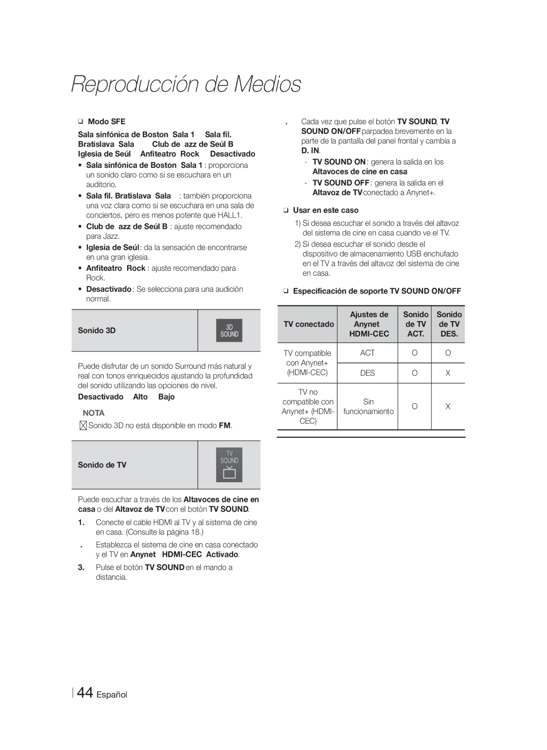 Samsung HT-F9750W/ZF manual Modo SFE, Desactivado  Alto  Bajo, Usar en este caso, Sonido de TV 